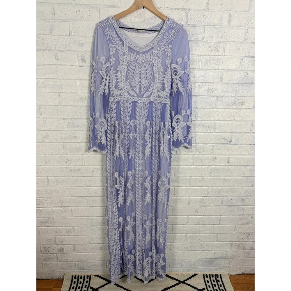 Orange Creek Maxi Dress Women S Periwinkle Embroidered Mesh Lace Long Sleeve